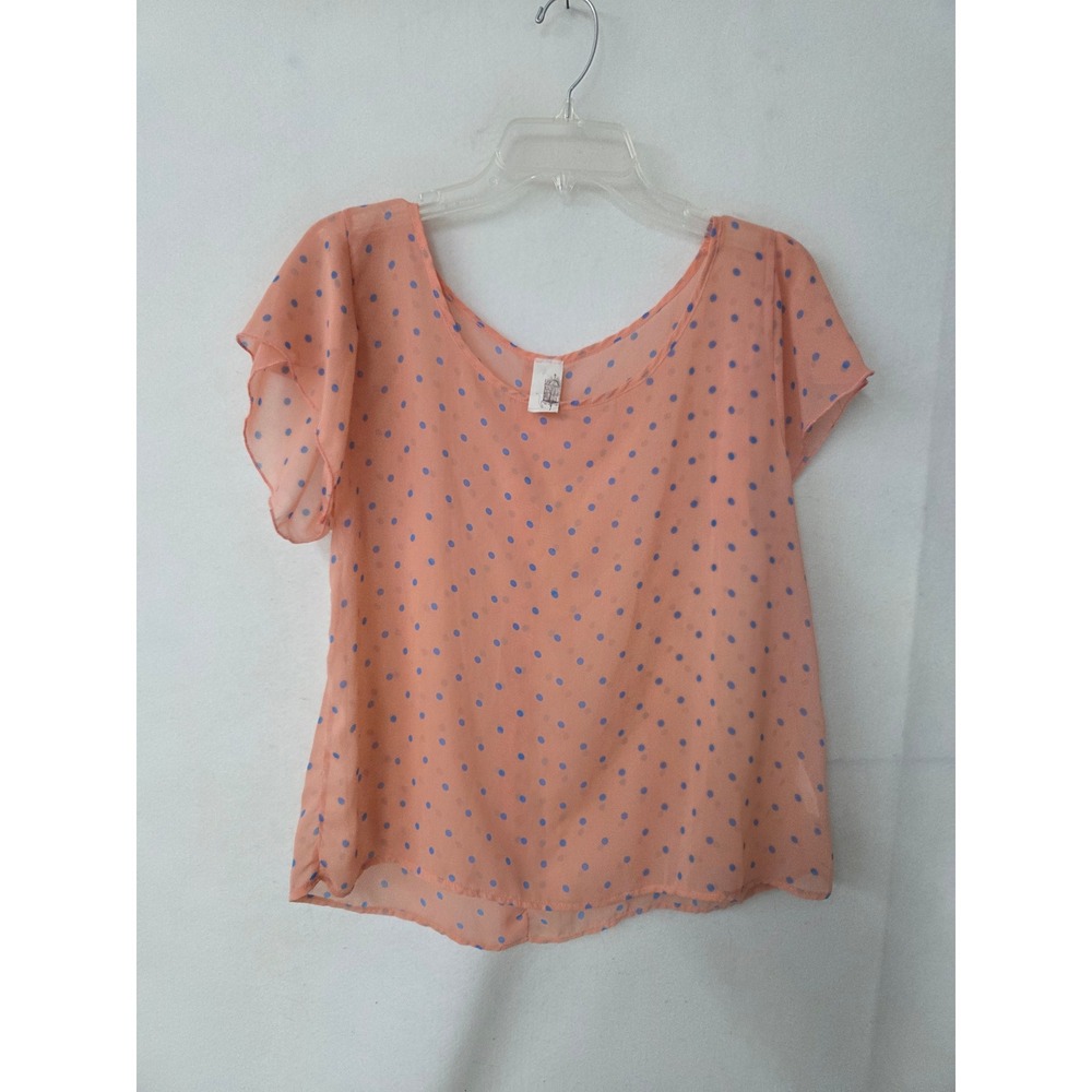 Birdcage Anthropologie Peach Blue Polka Dot Flutter Sleeve Button Back Blouse M